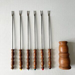 7pc Vintage Japan Stainless Steel Fondue Forks & Wood Stand Color Coded MCM